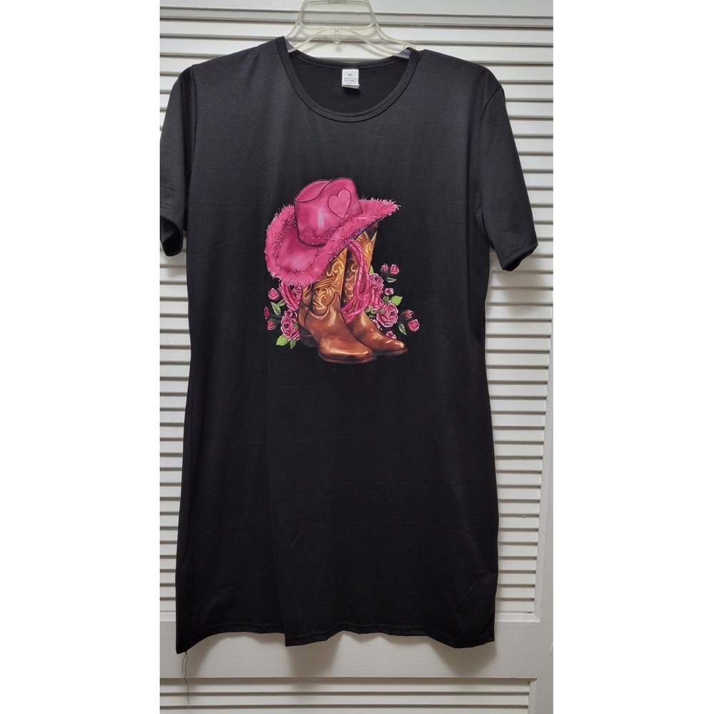 Western Pink Cowboy Hat & Boots Graphic T-Shirt Dress Black 2XL Short Sleeve